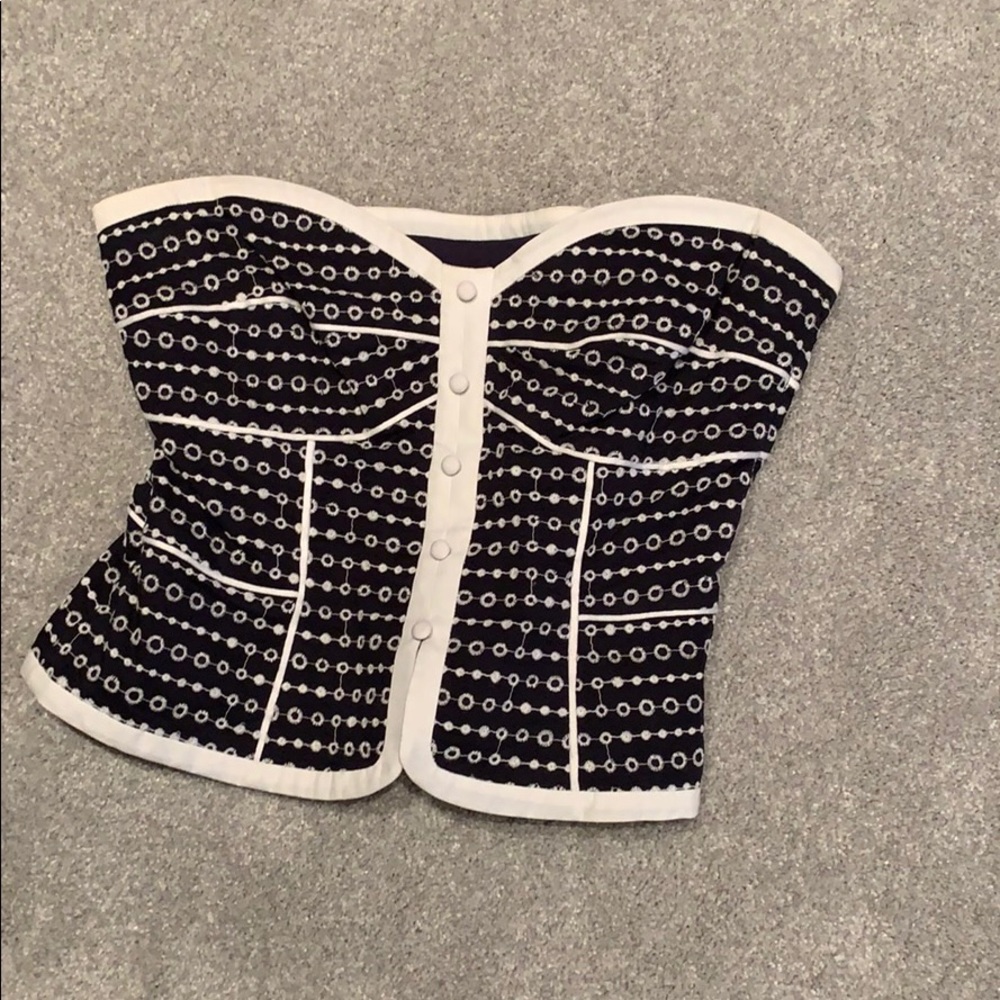Blue and white strapless top
